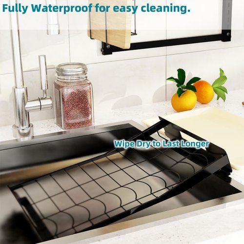Besamery Hanging Wall Mounted Dish Drying Rack Set with Detachable & Removable Layer*2, Hook*4, Drain Tray*2, Apartment & RV Wall Mounted Dish Rack, Adhesive Mountable, Length: 15.9", Washable (Black)