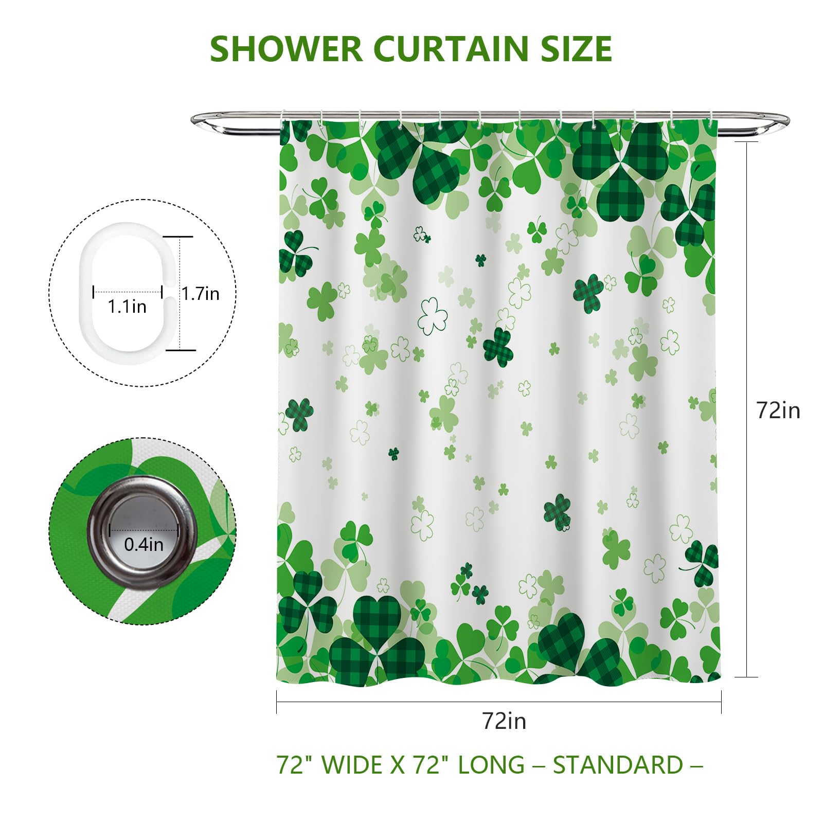 MEHOFOND St. Patrick's Day Clover Shower Curtain,Green Shamrock Clover St Patricks Day Shower Curtain,Shamrock Bathroom Decor Curtains,Irish St Patrick's Day Fabric Curtain 72x72 in