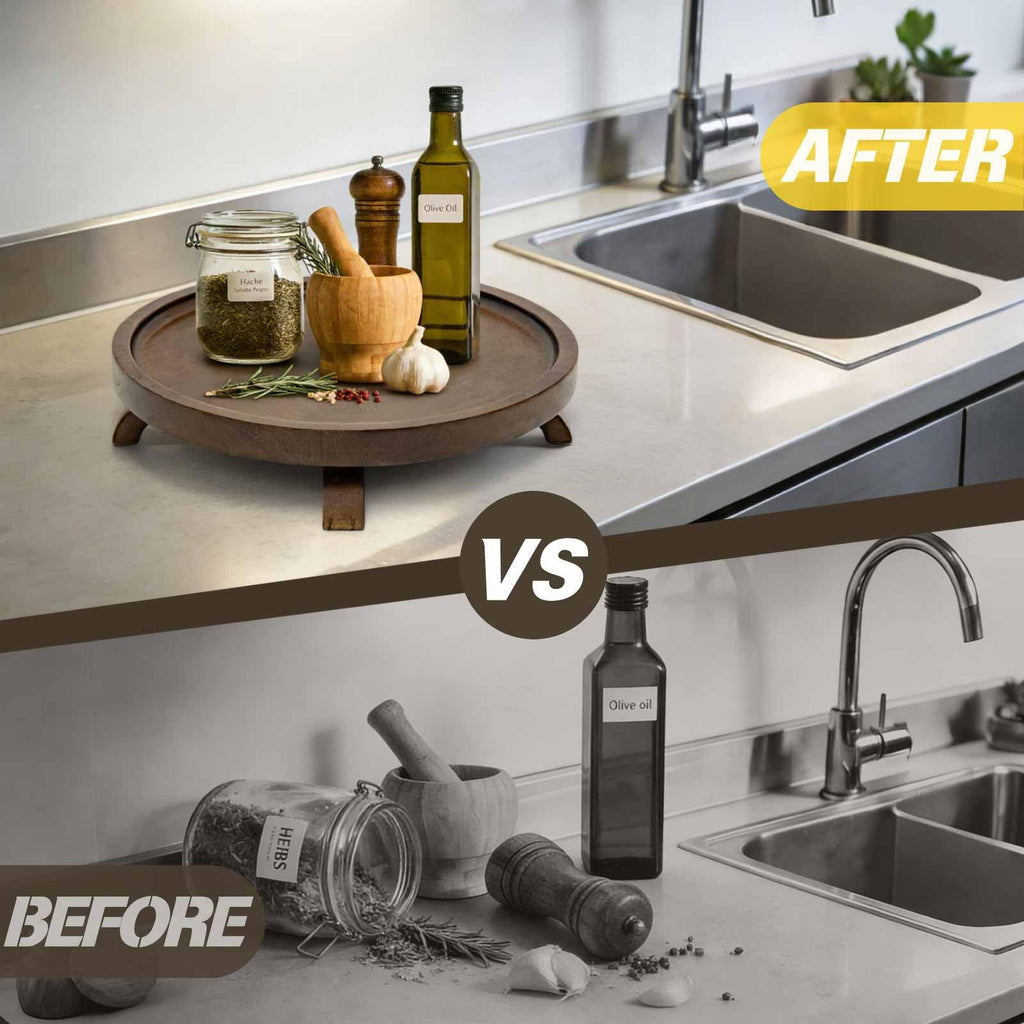 10" Solid Wood Lazy Susan Turntable Organizer for Cabinet, Pantry, Kitchen Countertop - Farmhouse Style with Raised Feet & Water-Resistant Coating, Rustic Bathroom Vanity Tray and Dining Table Decor