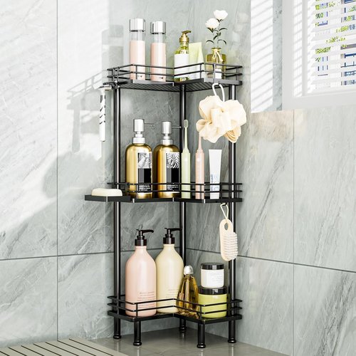 Consumest 3-Tier Corner Shower Caddy - Stainless Steel Organizer with Soap Holder & 4 Hooks, Black