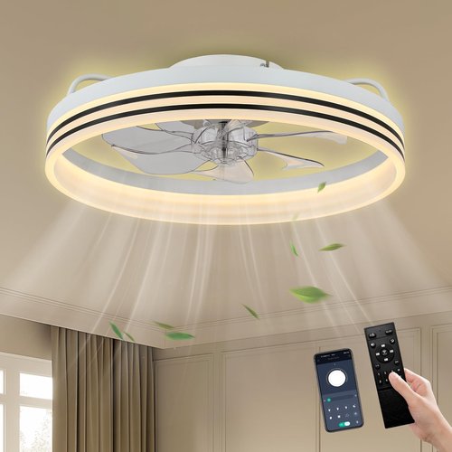 Cainjiazh Ceiling Fans with Lights 20" Fandelier Modern Ceiling Fan Dimmable Low Profile Ceiling Fan Flush Mount Bladeless Chandelier Fan Ceiling Fan Lights for Bedroom Kitchen and Living Room(White)