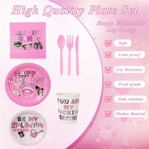 FoldTier 12 Set Galentine's Day Party Supplies Pink Happy Galentines Day Tableware Set Paper Plates and Cups Napkins Plastic Forks Spoons Knives for Valentine's Party Decorations