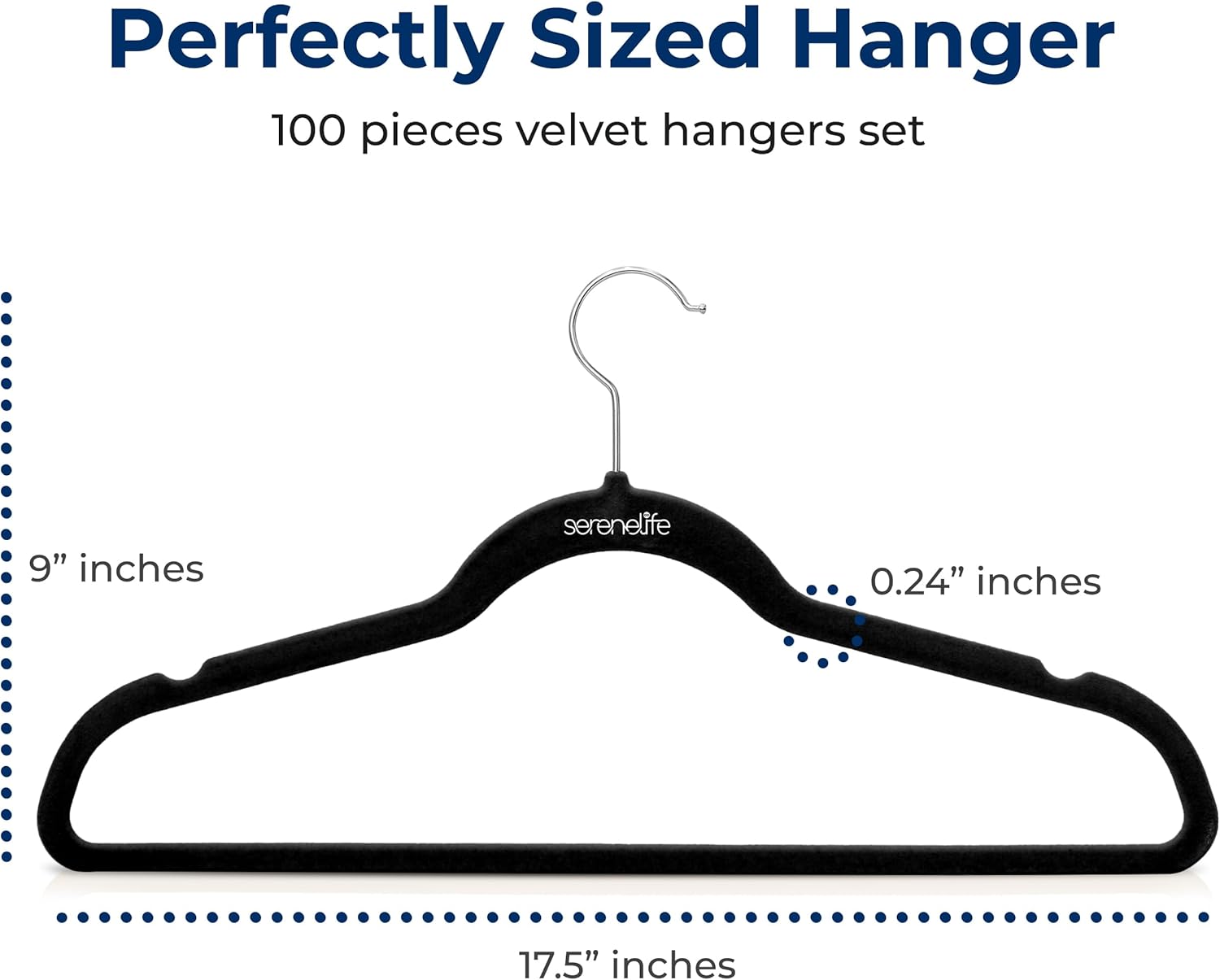 SereneLife Velvet Hangers 100 Pack - Slim Non-Slip Black Clothes Hangers with Chrome 360° Swivel Hook, Durable 10 lbs Capacity for Closet Organization