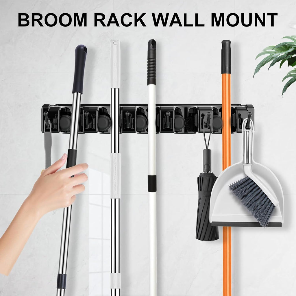 Nacena Broom Holder Wall Mount - 2 Pack Organizer with 5 Ball Slots & 6 Hooks | Black