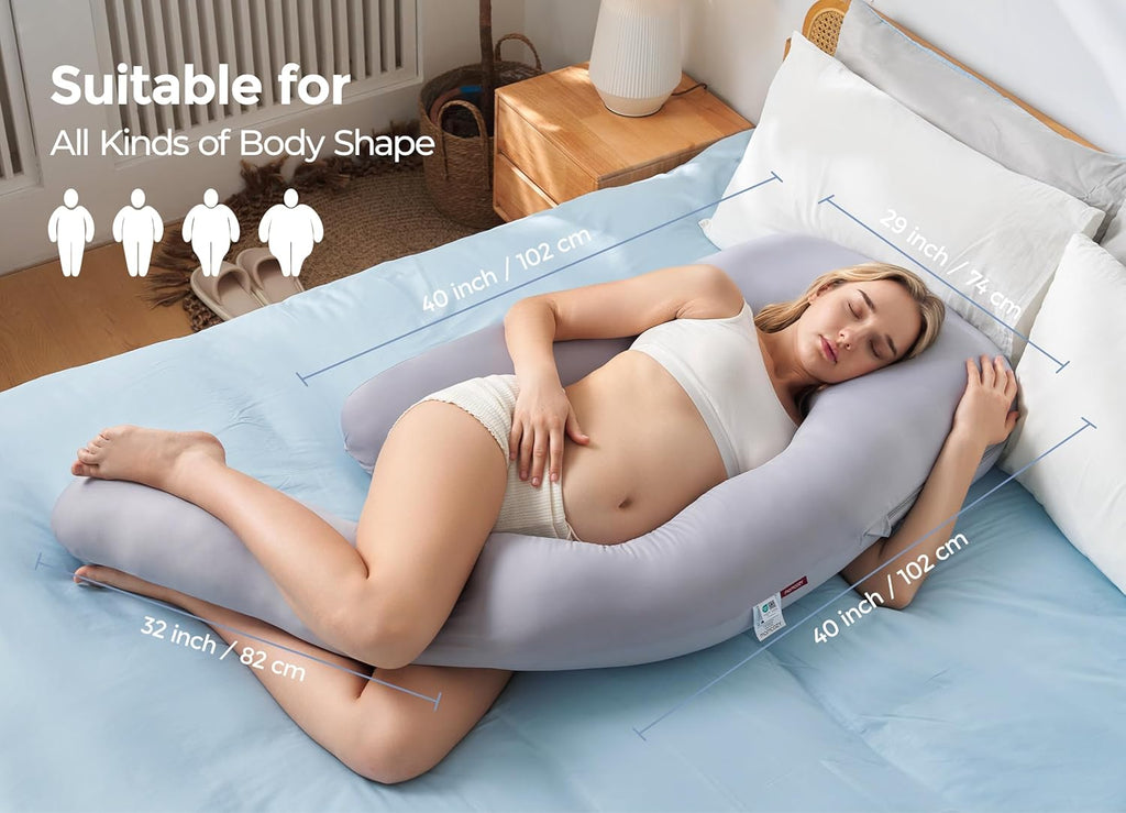Momcozy Pregnancy Pillow - Cooling Cover & Adjustable Leg Support for Back, Hips, Belly | 50-72 Inch, Grey