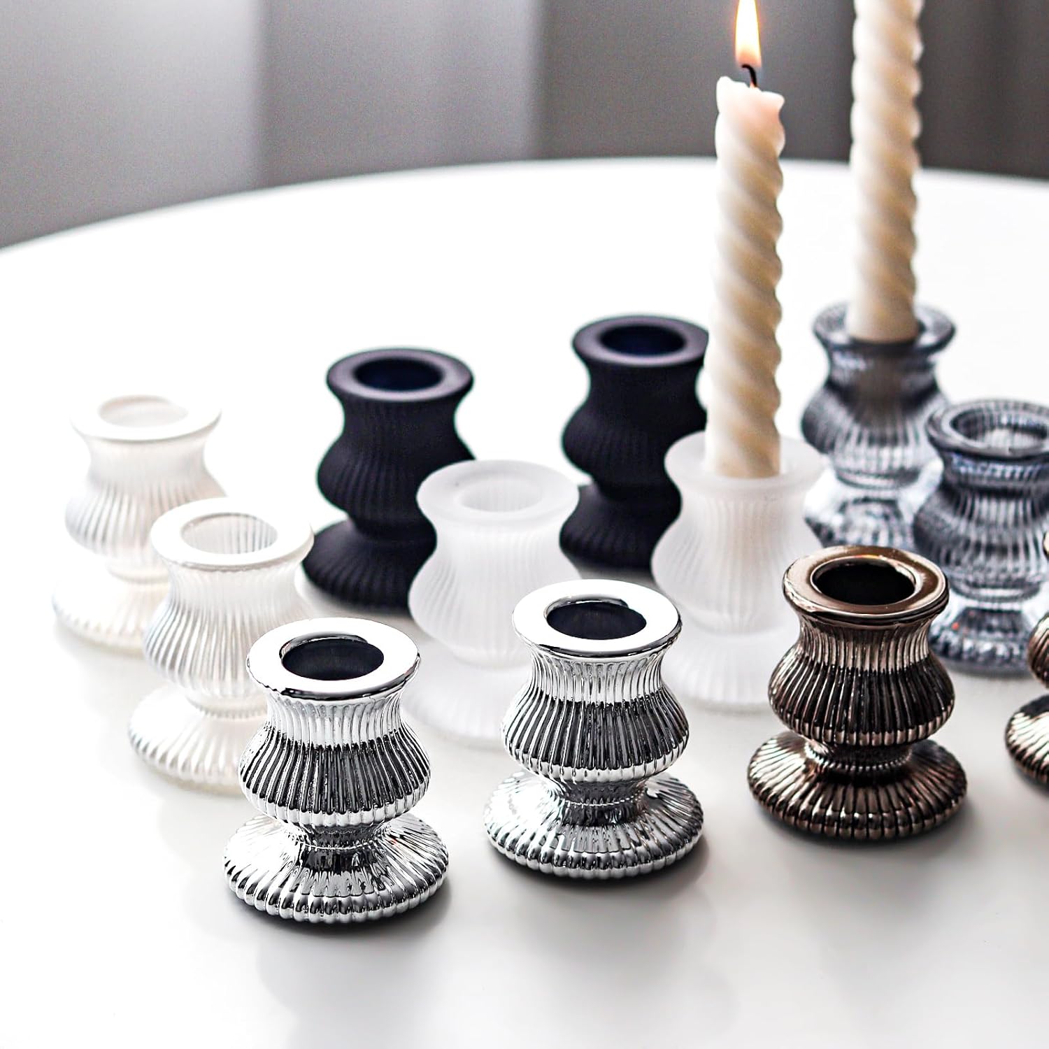 WDHODEC Black & White Candlestick Holders - 12PCS Glass Taper Candle Holders for Weddings & Parties