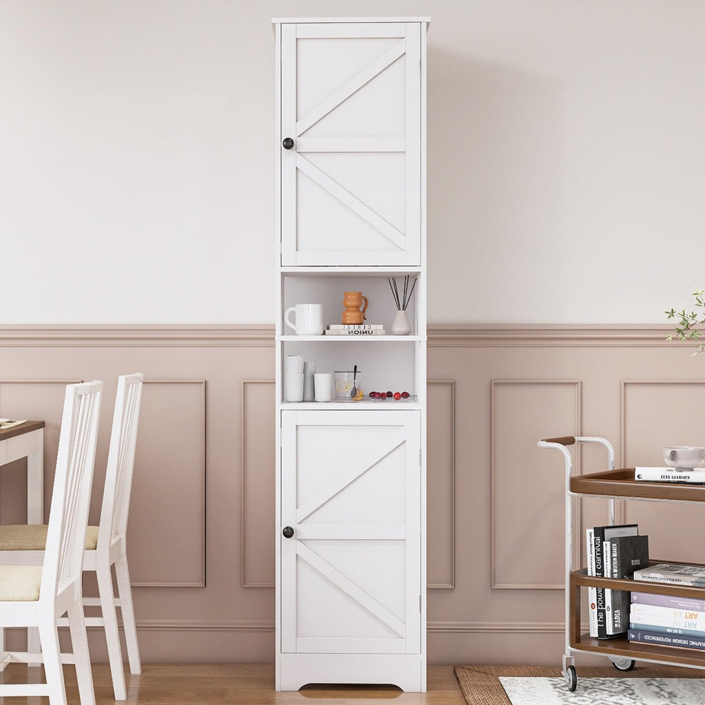Viaozutis Tall Bathroom Storage Cabinet, Vertical Freestanding Organizer with Adjustable Shelf, Slim Design for Small Bathrooms, Towels & Toiletries Storage（White）