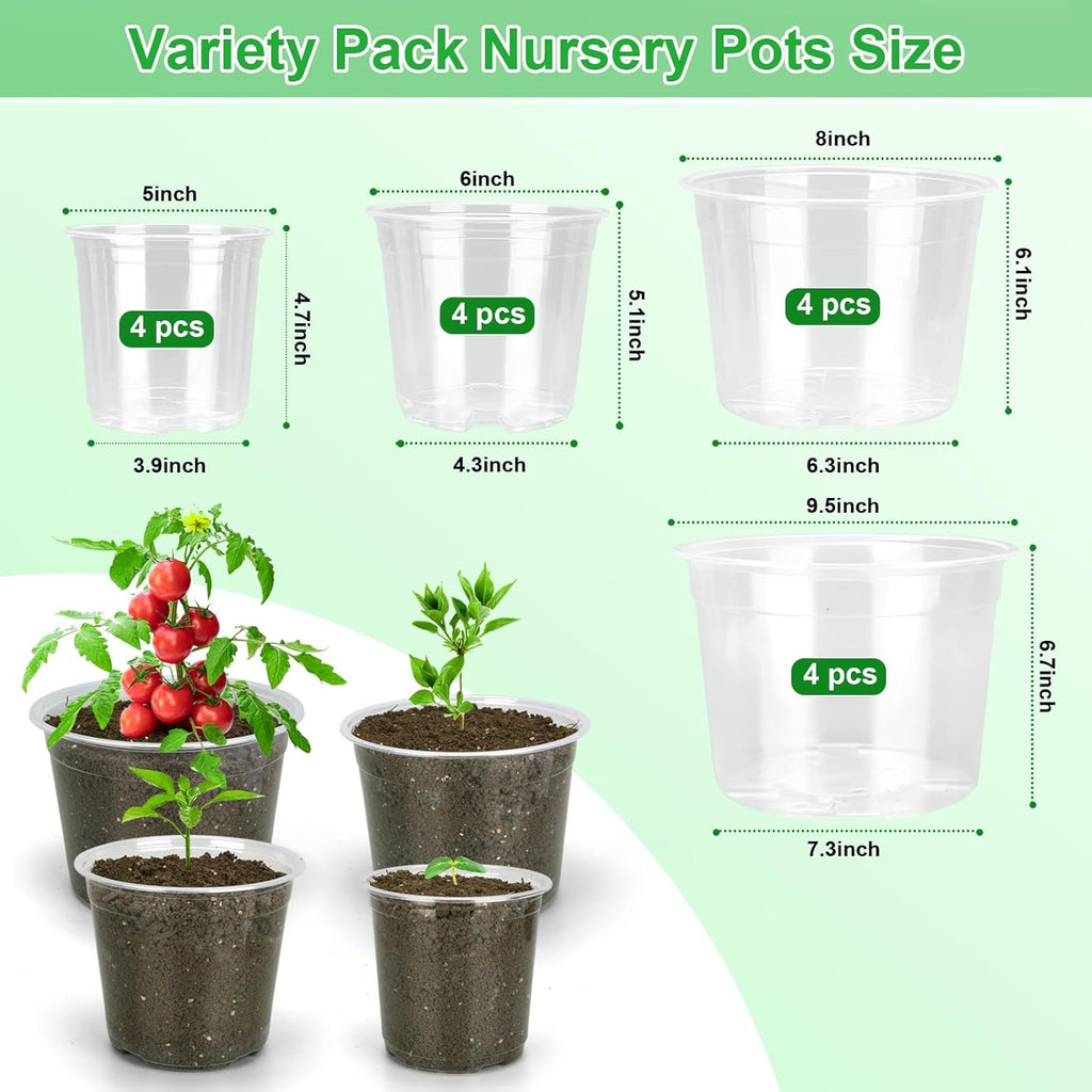 Skiennix Large Clear Nursery Pots - 10/8/6/5 Inch with Drainage Holes | 16 Pack Plastic Plant Pots for Succulents and Flowers