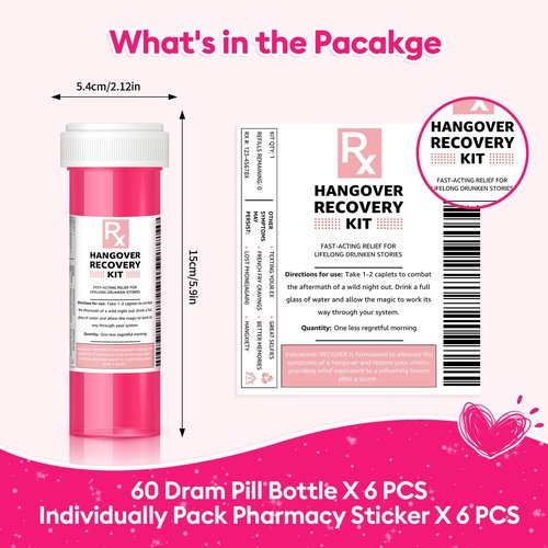 LOVEVOYAGE Bachelorette Party Favors - 6 Pack Pink Empty Pill Bottles, DIY Hangover Kit Supplies for 21st Birthday, Nashville Girls Trip, Bridal Shower & Wedding Guest Gifts