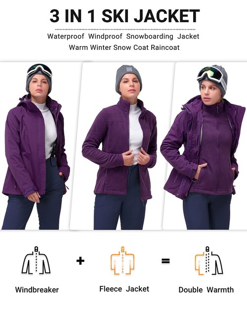 33,000ft Women's Waterproof 3-IN-1 Ski Jacket, Warm Fleece Insulated Winter Snow Coat Windproof Rain Jackets Parka Hooded for Traveling Climbing Hiking