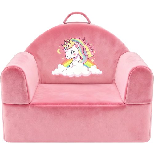 laapee Kids Sofa Chair with Removable Washable Cover & Magic-Tape Backrest Toddler Chair, Cozy Crystal Velvet Furniture for Playtime, Naps & Travel (Soft Pink, Unicorn Design)