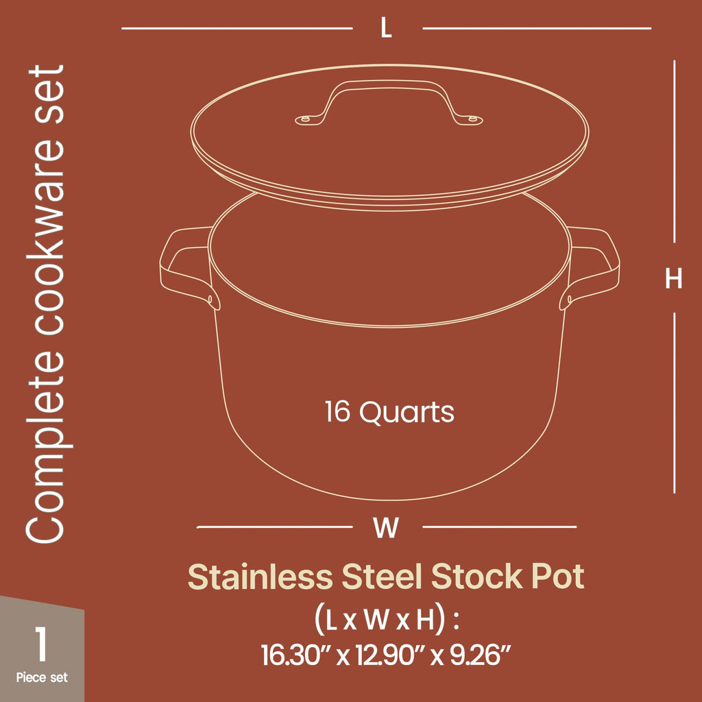 Bakken 16 Quart Ceramic Coated Stock Pot with Lid, Easy Clean Nonstick Pot, Tempered Glass Lid, Riveted Stainless Steel Handles, Oven Safe Up To 500°F, PTFE & PFAS Free, All Stove Compatible, Cream