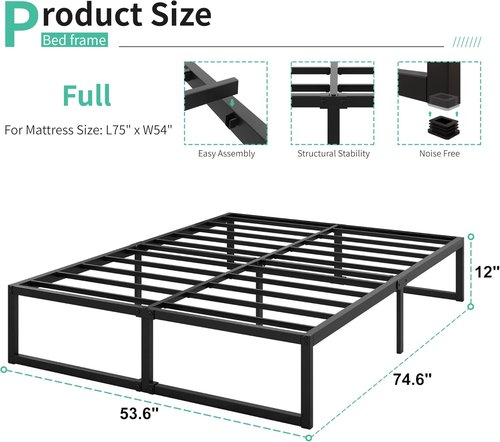Lutown-Teen 12 Inch Full Size Bed Frame - Heavy Duty Metal Platform with Sturdy Slats | Easy Assembly, Noise-Free, Black
