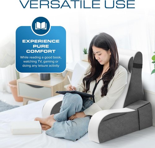 Kolbs Wedge Reading Pillow - Plush Backrest Cushion with Arms for Comfort | 19" Gray/White