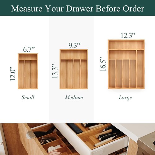 BEKVEM Bamboo Silverware Organizer, Kitchen Drawer Organizer, Utensil Holder, Cutlery Tray & Spoon Flatware Storage with Grooved Drawer Dividers (7 Slots, Natural)
