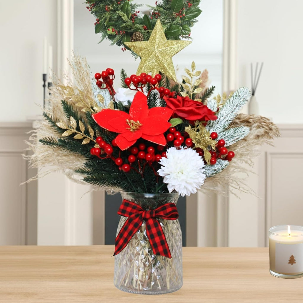 RyddeligHome Christmas Centerpieces - 100pcs Holiday Floral Arrangements in Vase | Red Poinsettia & Pine