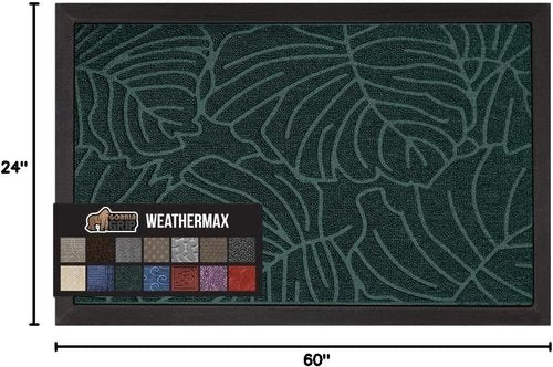 GORILLA GRIP Waterproof All-Season WeatherMAX Doormat - 60x24 Natural Rubber, Stain & Fade Resistant, Easy Clean Green Palm