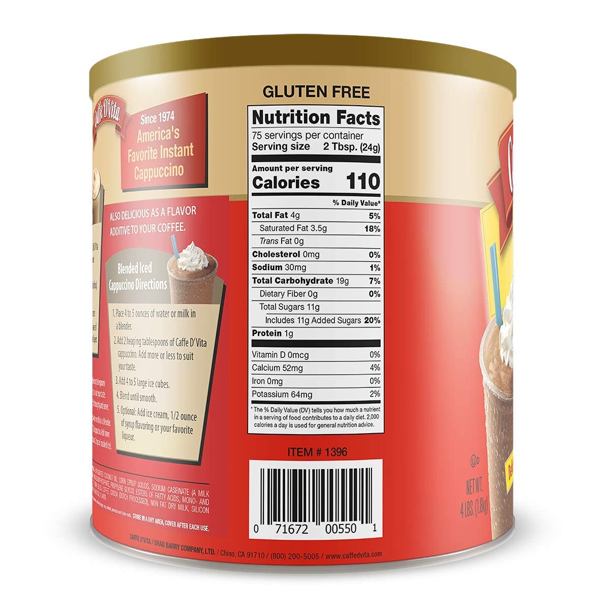 Caffe D'Vita Mocha Cappuccino Mix - Mocha Powder Mix, Instant Cappuccino Mix, Gluten Free, No Cholesterol, No Hydrogenated Oils, No Trans Fat, 99% Caffeine Free, Mocha Mix - 4 LBS