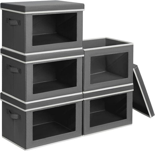 Homsorout Stackable Storage Bins - Medium Foldable Closet Organizers with Lids, 5-Pack, Dark Grey