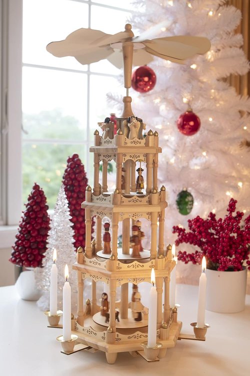 Clever Creations Beige Four-Tier Wooden Christmas Pyramid | 22-Inch Traditional Holiday Décor