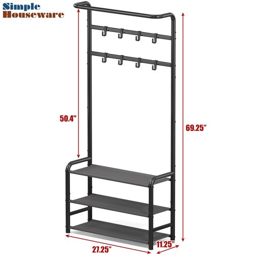 Simple Houseware Coat Rack with Storage Shelf, Freestanding Hall Tree with Hooks for Entryway, Bedroom, Office, Black Metal Clothes Hanger Stand for Coats, Hats, Jackets, Bags - Black