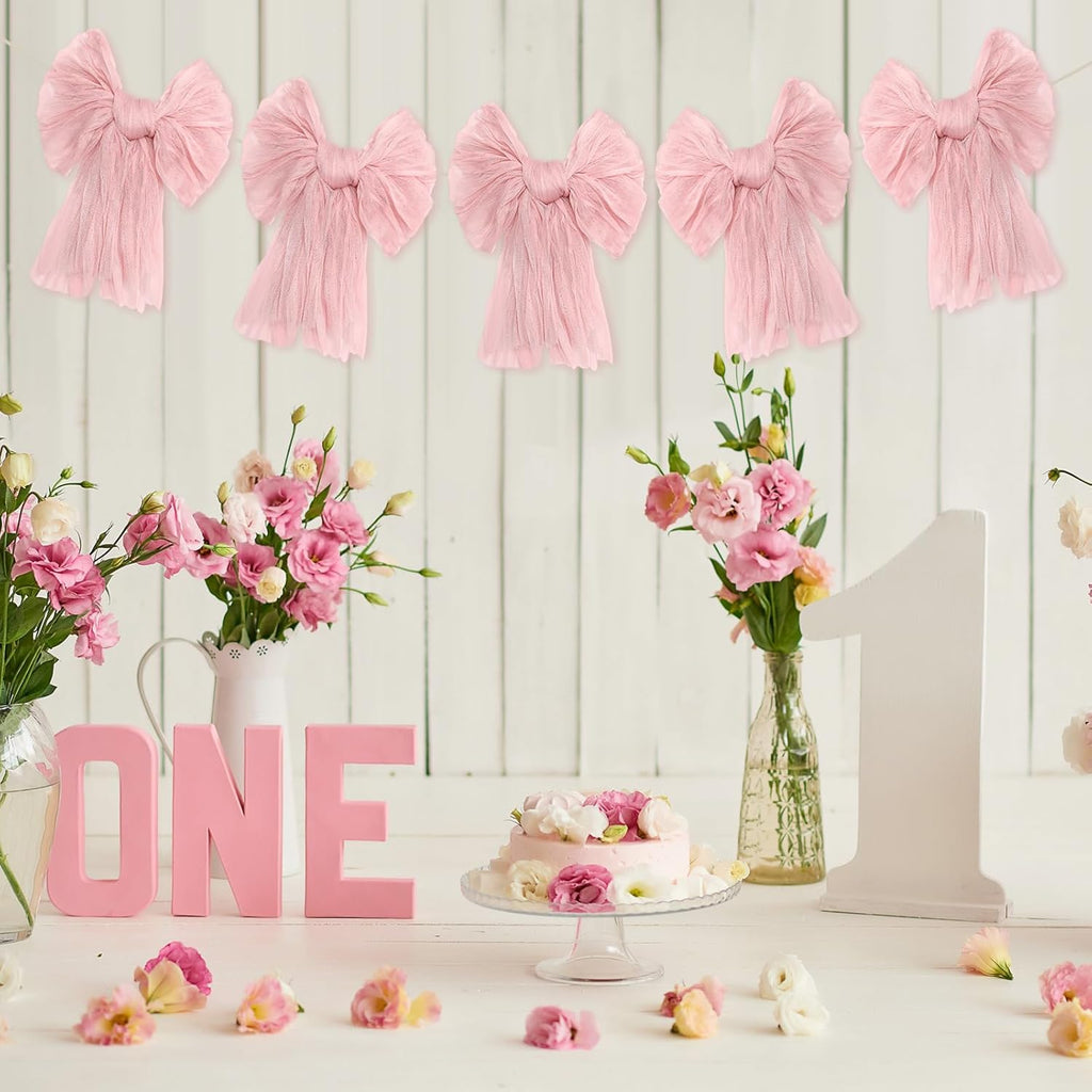 VitalCozy Pink Bow Garland Banner - Elegant Hanging Decorations for Birthday & Baby Showers