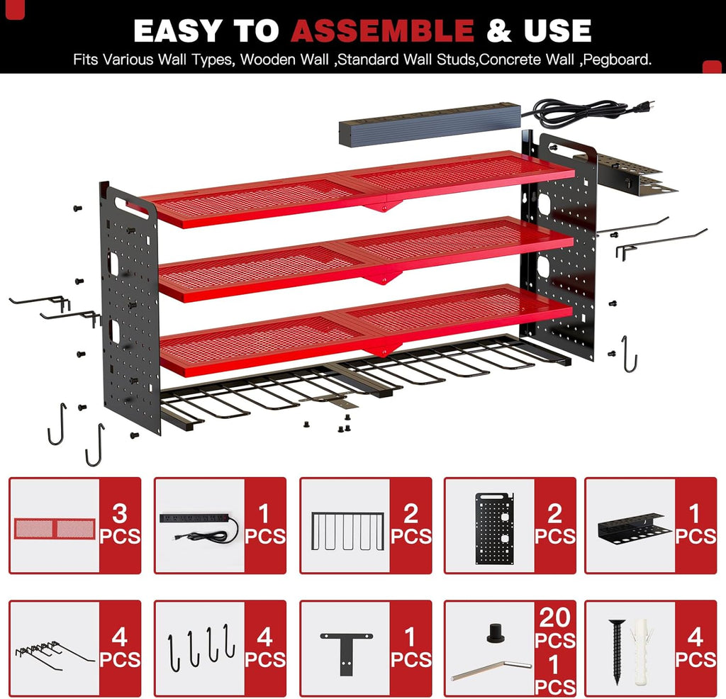 NattyDot Power Tool Organizer - Wall Mount Charging Station with 8 Drill Holders & 4 Layer Storage Rack (Red)
