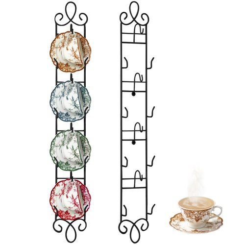Blulu 2 Pcs Wall Mounted Tea Cup & Saucer Display Rack, 4-tier Metal Mug Holder with Plate Hangers, Decorative Wall Storage for Kitchen, Gift&Coffee Bar Display, 36'' x 5'' (Black)