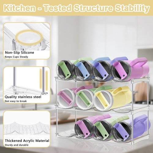 Stackable Water Bottle Organizer for Cabinet - Acrylic Tumbler Organizer Storage Rack for Stanley 40oz, Stanley Cup Holder, Pantry Kitchen Organizers and Storage for Stanley Cup, Holds 12 Bottles