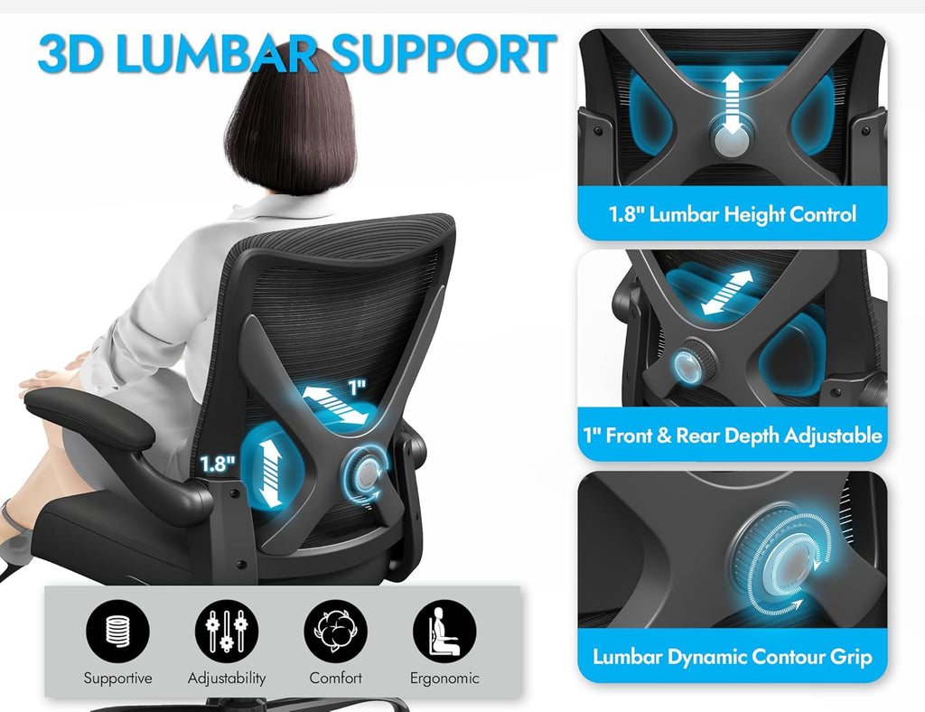 Skiennix Ergonomic Office Chair - Adjustable Lumbar Support for Home Office & Gaming - Comfortable Black Design