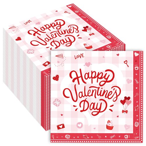 40 Pack Valentine’s Day Paper Napkins – 13 x 13 Inches Disposable Napkins with “Happy Valentine’s Day” Lettering, Hearts, and Love Icons for Valentine’s Parties, Weddings, and Romantic Dinners