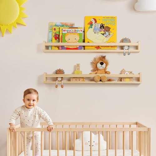 Fun Memories Nursery Book Shelves - Rustic Solid Wood Floating Bookshelf for Kids - 32-Inch Natural Wall Shelves (Set of 2)
