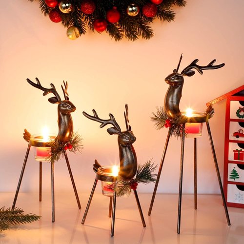 Juegoal Reindeer Tealight Candle Holders Set - Durable Iron Metal Christmas Decorations | Glass Votive Centerpiece