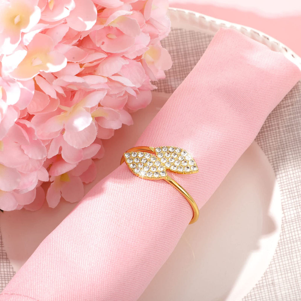 Hotop 150 Pcs Gold Napkin Rings Gold Table Decorations, Elegant Bling Leaves Napkin Rings, Rhinestone Guest Towels Buckle for Holiday Gather Party, Wedding Dinner Banquet Table Decoration