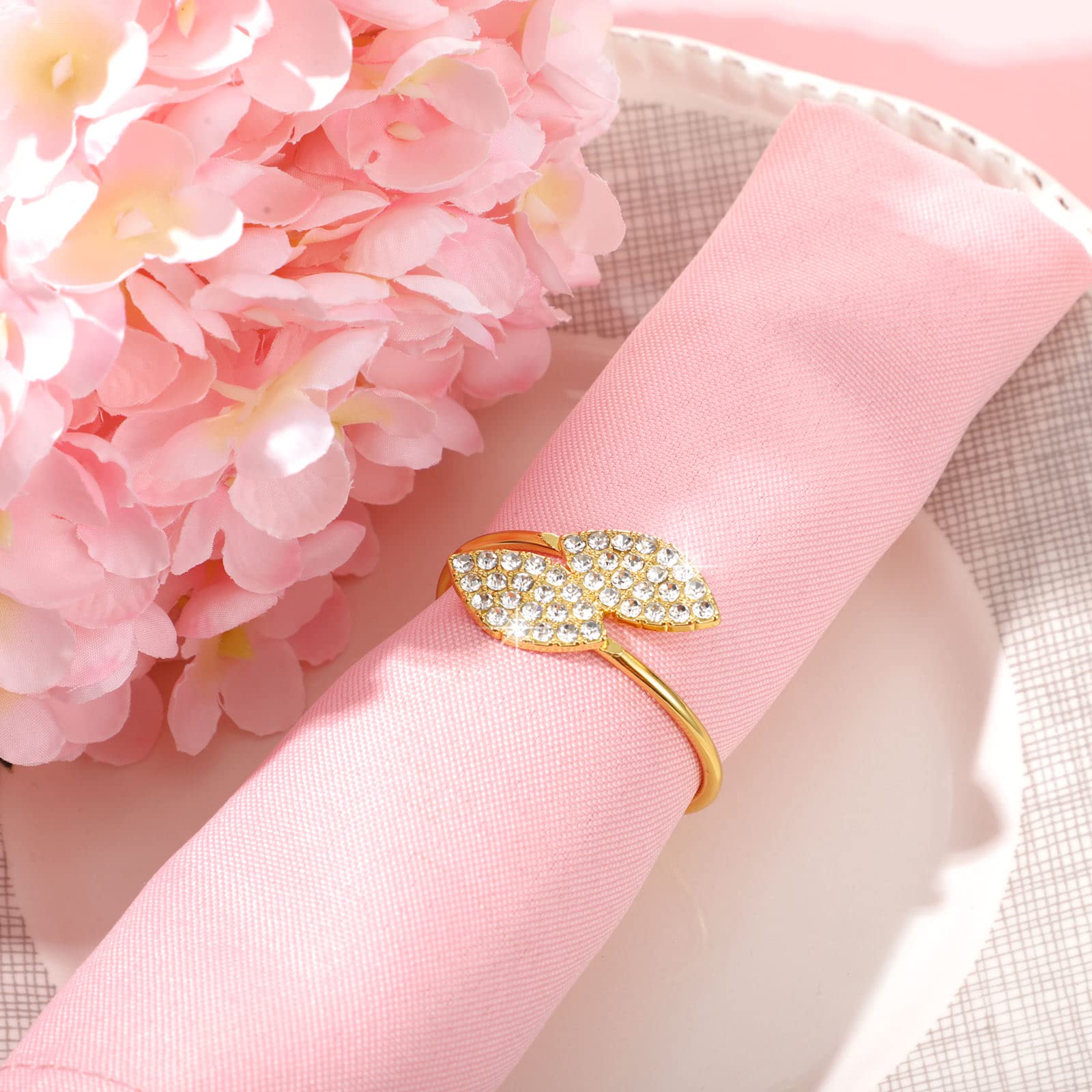 Hotop 150 Pcs Gold Napkin Rings Gold Table Decorations, Elegant Bling Leaves Napkin Rings, Rhinestone Guest Towels Buckle for Holiday Gather Party, Wedding Dinner Banquet Table Decoration