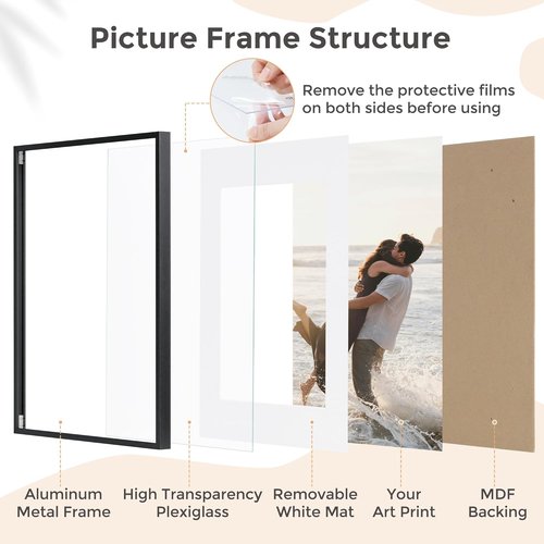 FLYJOE 11x14 Picture Frame - Stylish Metal Frame with Mat for 8x10 Photos | Black Aluminum Design