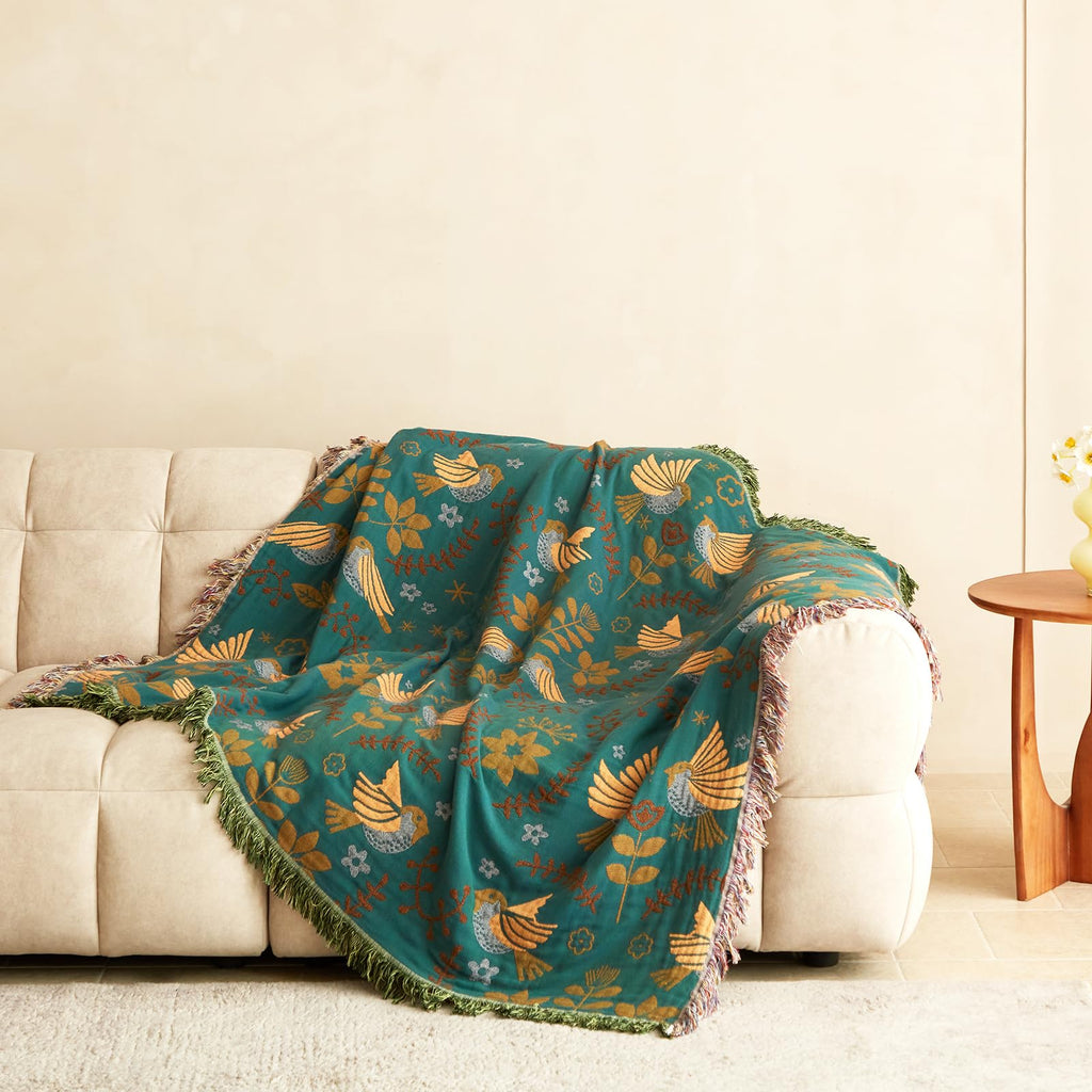MSGKV Boho Throw Blanket 50"x60" Cotton Blanket for Couch and Sofa Cover for Living Room Spring Throw Decorative Woven Bird Blankets