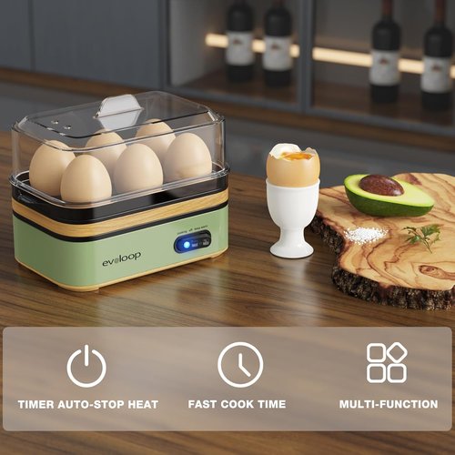 Evoloop Rapid Egg Cooker - Electric 6 Egg Capacity | Soft, Medium, Hard Boiled & Poached Eggs - BPA Free (Green)