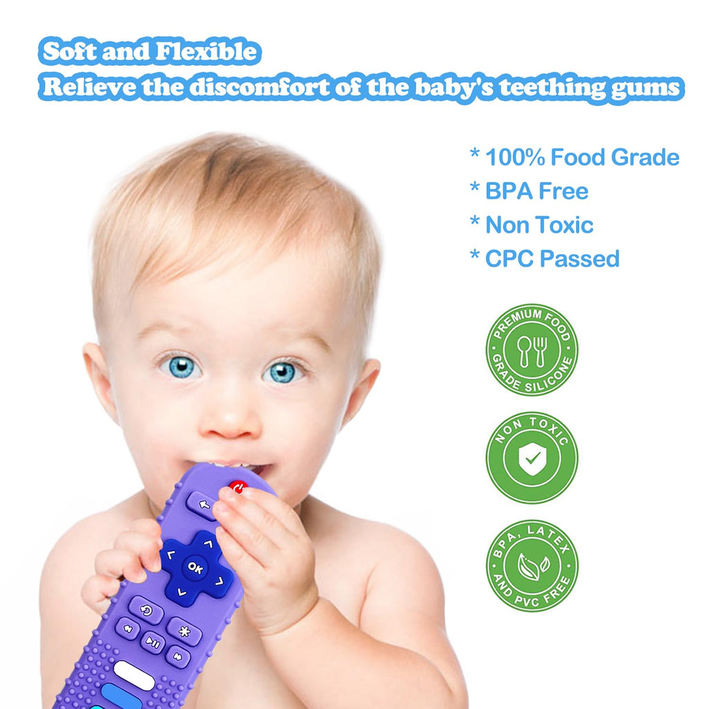 ROBBEAR Baby Teething Toys - Food Grade Silicone TV Remote Teether for 3-18 Months | BPA Free (Purple & Khaki)