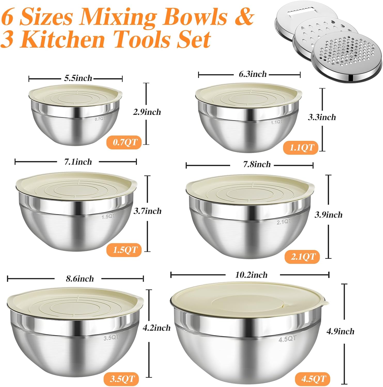 Skiennix Stainless Steel Mixing Bowls Set - 6 PCS with Lids & 3 Grater Attachments | Nesting Kitchen Organizers
