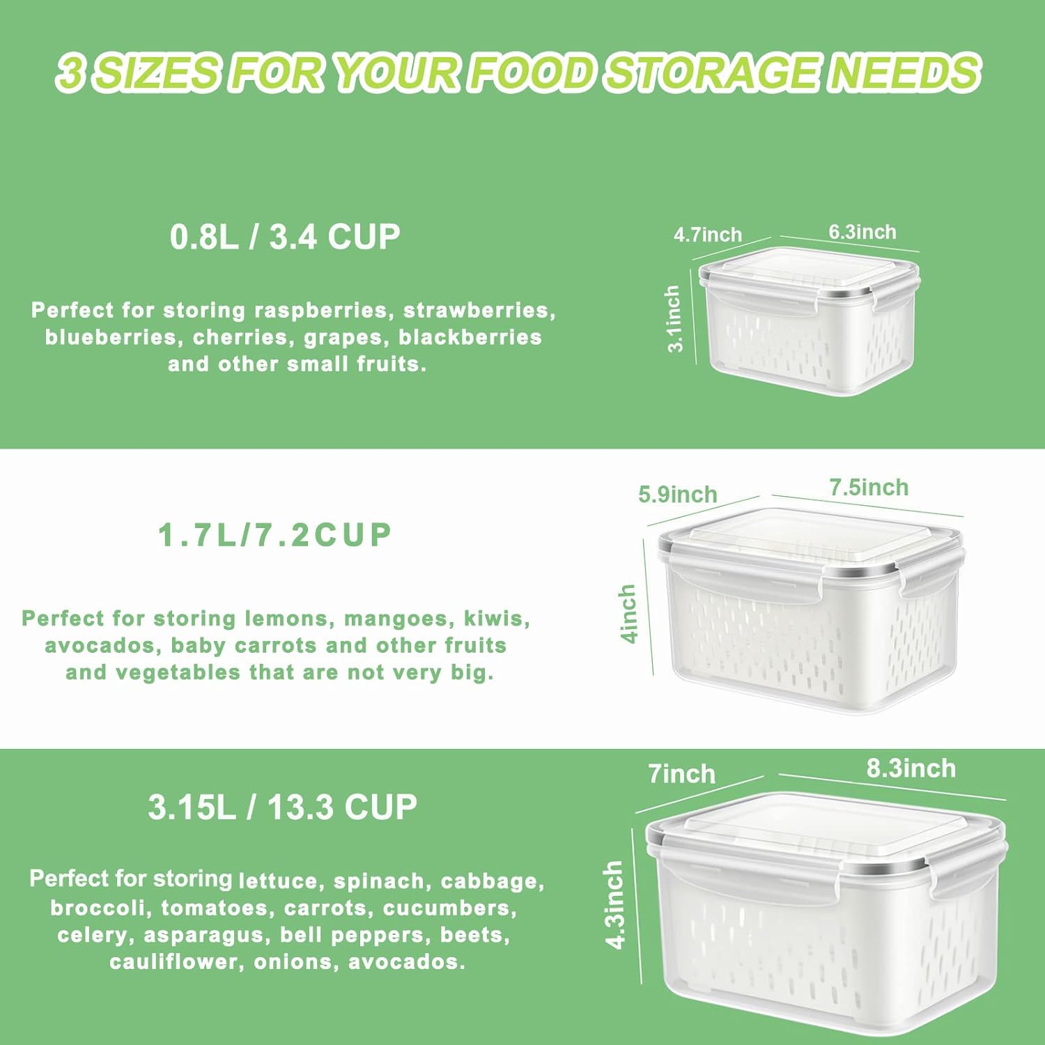 Skiennix Fruit Storage Containers - 3 Pack Produce Saver with Drain Colanders | Refrigerator Organizer for Fresh Veggies