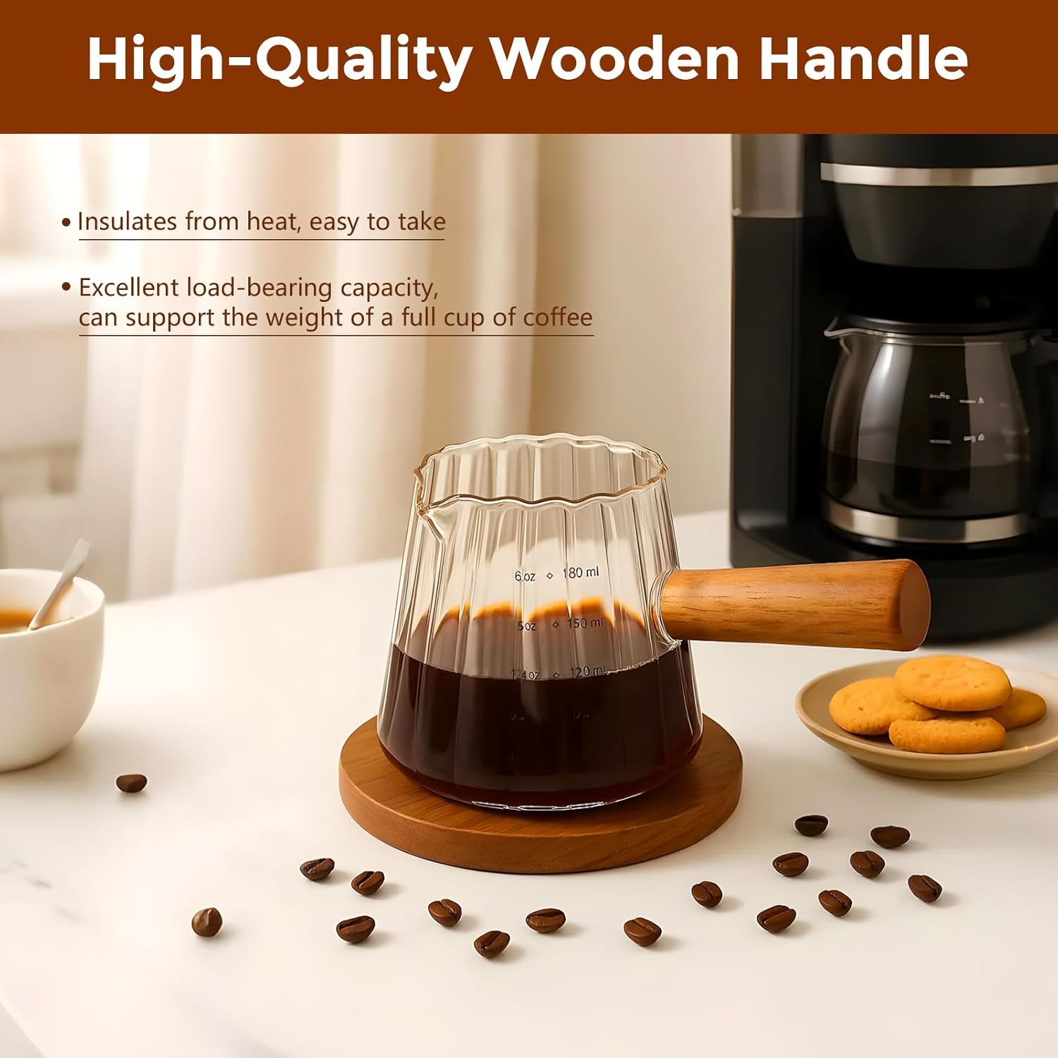 YARRAMATE Glass Measuring Cup - 6 oz/180ML with Wooden Handle | Ribbed Milk Frothing Pitcher
