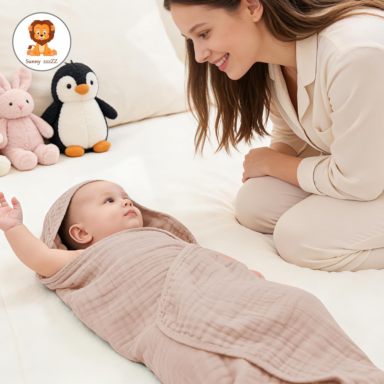 Sunny ZzzZZ Muslin Baby Bath Towels - 3 Pack of Soft 100% Cotton in Low-Saturation Pastels | 32x32 Inch