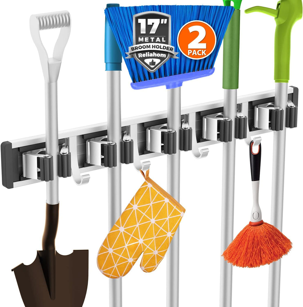 Reliahom Broom Holder Wall Mount - 2 Pack with 5 Racks & 4 Hooks for Garage, Kitchen, Garden, Laundry Room