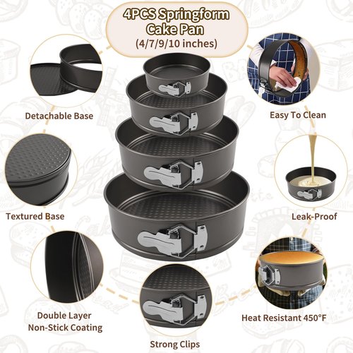 4, 7, 9, 10 Inches Springform Cake Pan Set, Spring Form Pans for Cheesecake, Nonstick Round Baking Pan Set with Silicone Protector, Parchment Paper, Icing Scrapers