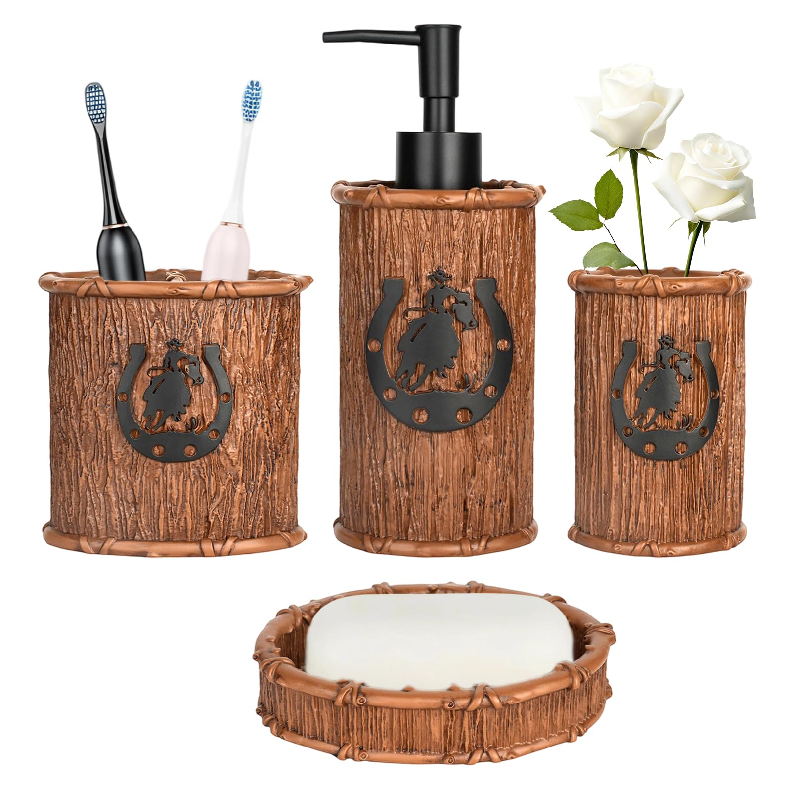Bathroom Accessory Sets 4PCS Bathroom Accessories Set Complete Western Rustic Horseshoes Decoration Includes Lotion Dispenser Toothbrush Holder Tumbler Cup & Soal Dish