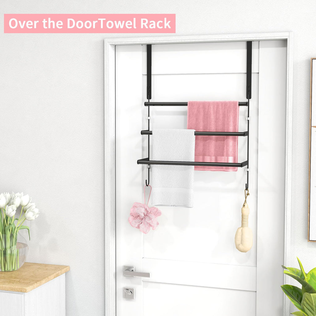 Over The Door Towel Rack,Towel Rack with Hooks for Door Hanging, Door Towel Bar, Over Door Towel Racks for Bathroom (Black)