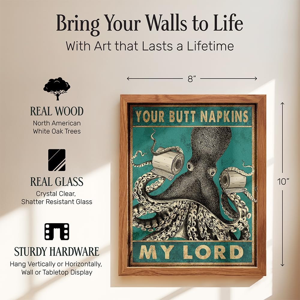 Octopus Nautical Bathroom Decor - Framed Funny Bath Picture | Beach-Themed Wall Art for Guest Bathrooms