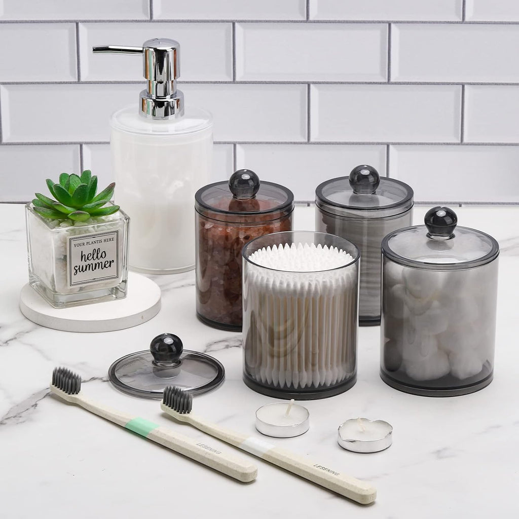 Tbestmax Qtip Holder - 10-Ounce & 12-Ounce Bathroom Organizer | Stylish Plastic Apothecary Jars with Lids - Black