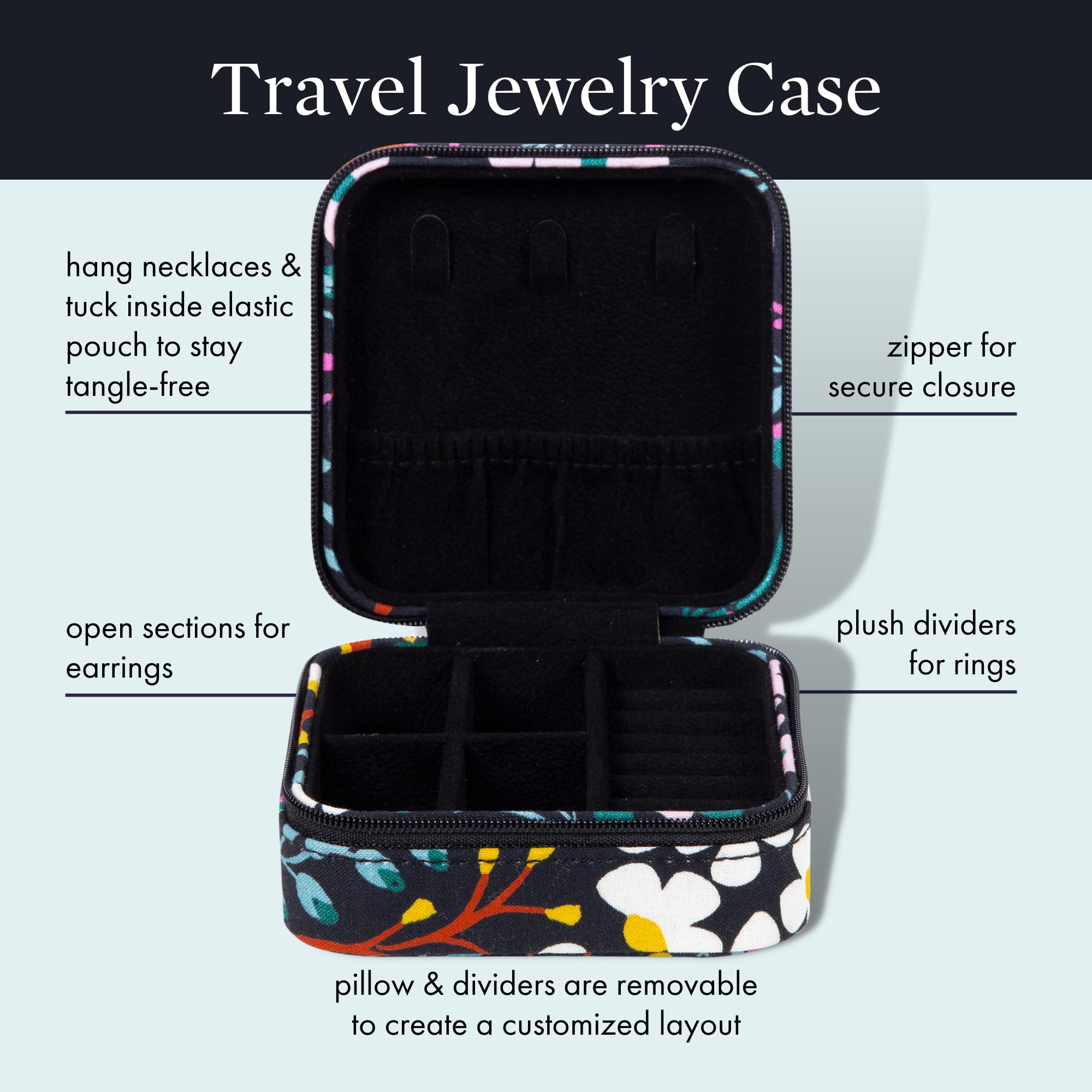 kate spade new york Small Travel Jewelry Case, Black Jewelry Box to Organize Rings, Necklaces, Earrings, Fall Floral